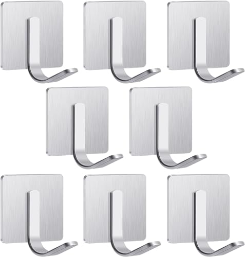 Image of Enclave Heavy Duty Adhesive Hooks, Stick on Wall Adhesive Hangers, Strong Stainless Steel Holder, Self Adhesive Hooks for Kitchen Bathroom Home Door Towel Coat Key Robe. (J Shape Silver, Pack of 8)