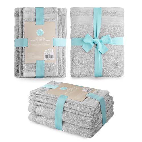 MARTHA STEWART 100% Cotton Bath Towels Set Of 6 Piece, 2 Bath Towels, 2 Hand Towels, 2 Washcloths, Quick Dry Towels, Soft & Absorbent, Bathroom Essentials, Light Gray