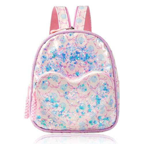 Cute Toddler Little Kids Pink Backpack 3 4 5 6 7 8 Year Old Girl Preschool Kindergarten Graduation Birthday Gifts Sparkly Sequin Purse Girls Summer Camp Beach Vacation Essentials Bow Shell Decor