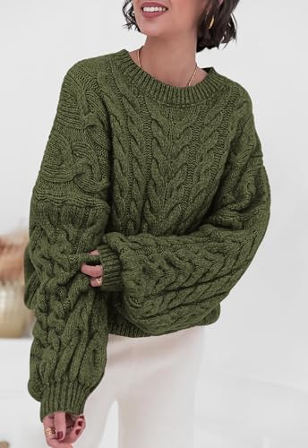 PRETTYGARDEN Womens Sweaters Spring 2026 Cable Knit Long Sleeve Crewneck Oversized Sweater Chunky Pullover Loose Outfits (Army Green, Small) — view 3
