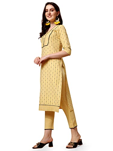 Image of NAINVISH Cotton Blend Kurti Pant & Dupatta | Yellow Kurta Set for Women | Women Kurta Pant Dupatta Set | Kurta Set for Women | Printed Kurta Pant Dupatta Set