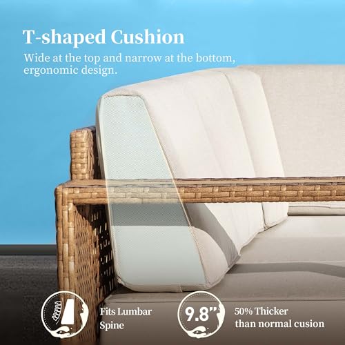 Image of SUNSHINE VALLEY Patio Furniture Set with Fire Pit, Sectional Outdoor Conversation Sets with 10 inch Thick Cushions, 7 Pieces L Shaped Modular Yellow Rattan Wicker Sofa, Low Profile Lawn Garden Couch Set