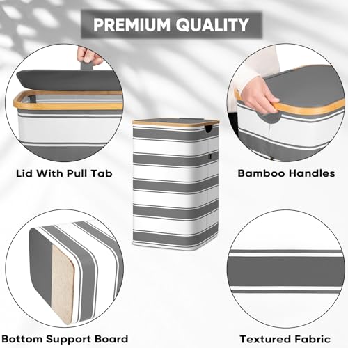 Image of BALEINE Laundry Hamper with Lid, Tall Laundry Baskets with Bamboo Pull Handles, Large Laundry Bin with Internal Support (18 Gal /70L, Grey Stripe)