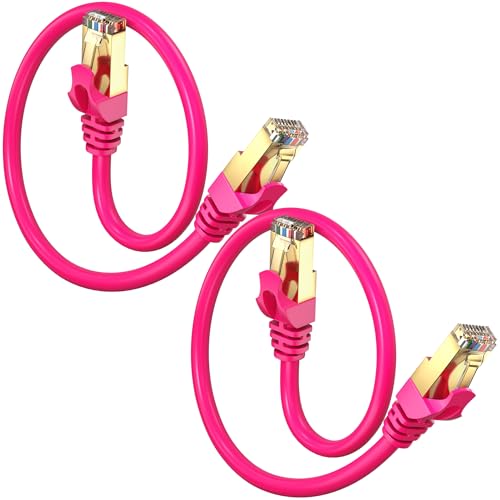 Cable Ethernet Cat 7 de 0.5 pies – (paquete de 2) cables de conexión LAN de red y Internet Cat7 de alta velocidad, conectores RJ45, perfectos para juegos, transmisión y más (rosa)