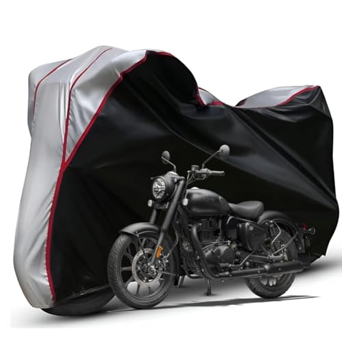 Image of Waterproof Bike Body Cover Compatible with RE Classic 350 Dustproof Scratchproof - Motorcycle Cover for Two Wheeler, Outdoor Full Cover with UV, Duty, Rain Protection (Black Top Silver)