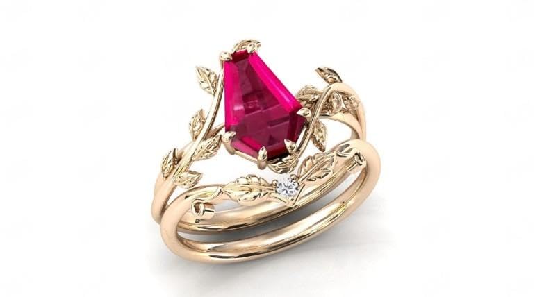 Vintage Red Ruby Engagement Ring Set Anniversary Ring Set For Women Coffin Shaped Art Deco Leaf Style Wedding Ring Set3