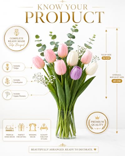 Image of Divyakosh Artificial Flowers for Vase (Vase Not Included) - Luxury Tulip Flower Bouquet with Eucalyptus & Baby's Breath, Faux Floral Arrangement for Home Decor, Living Room, Dining Table, Office