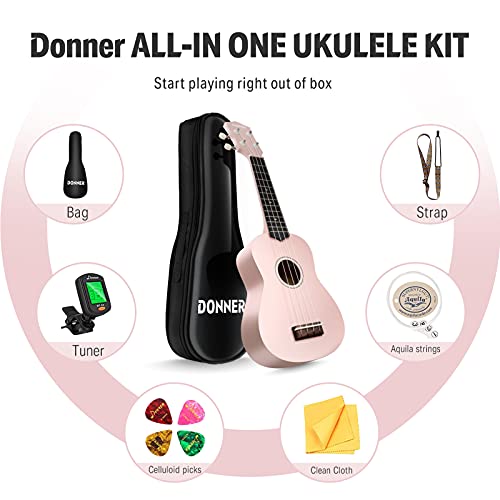 Miniatura 6 de Donner Ukelele Soprano Para Principiantes Y Adultos, Ukulele Kit 21 Pulgadas Niños Con Bolso, Correa, Afinador, Paño De Pulido Con Online Inglés Lección Rosa