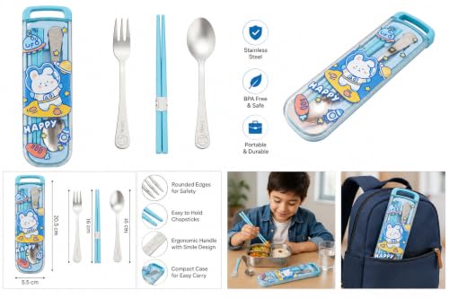 Image of Kids Cutlery Set with Box | Stainless Steel Spoon /Fork /Chopsticks | BPA-Free Food Grade Portable Lunch Utensils for School, Travel, Picnic & Camping