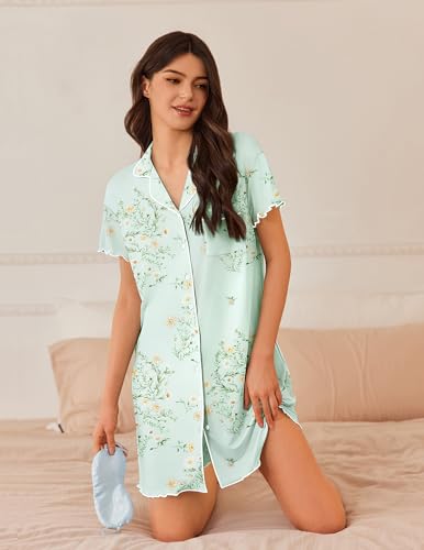 Image of Ekouaer Nightgowns for Women Button Down Sleep Shirt Short Sleeve NightShirts Boyfriend Sleepdress Soft Pajama Dress