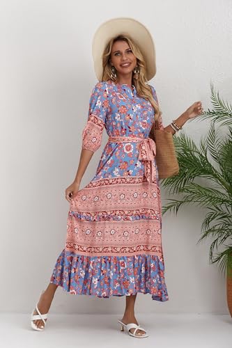 Image of Women Boho High-Waist Floral Print Maxi Dress 3 /4 Sleeve Casual | Soft Rayon, Breathable, Quick-Dry. High-Waist with Adjustable Belt, Flattering Hem. Ideal for Beach, Work & Dating.