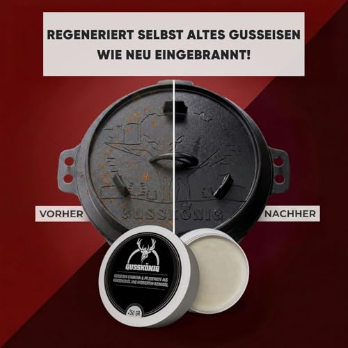 GUSSKÖNIG Gusseisen Pflegepaste 250 ml – Made in Germany – 100% natürliche Pflege mit Bienenwachs & Kokosöl – für Dutch Oven, BBQ & Kazan Gusseisen – Einbrennen & Rostschutz für Pfannen & Grillplatten