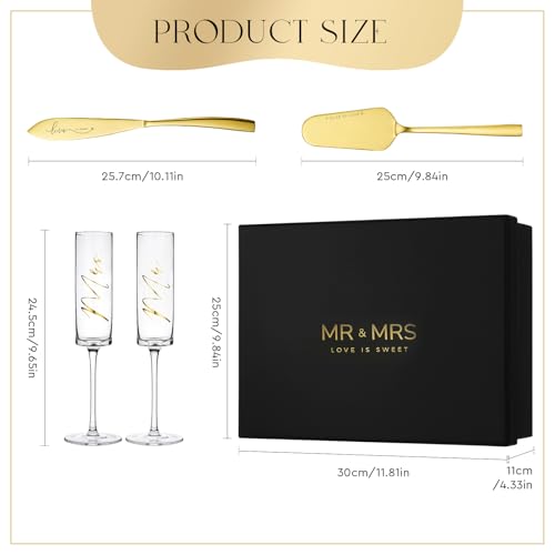 Image of AW BRIDAL 4Pcs Mr and Mrs Champagne Flutes with Gold Wedding Cake Knife