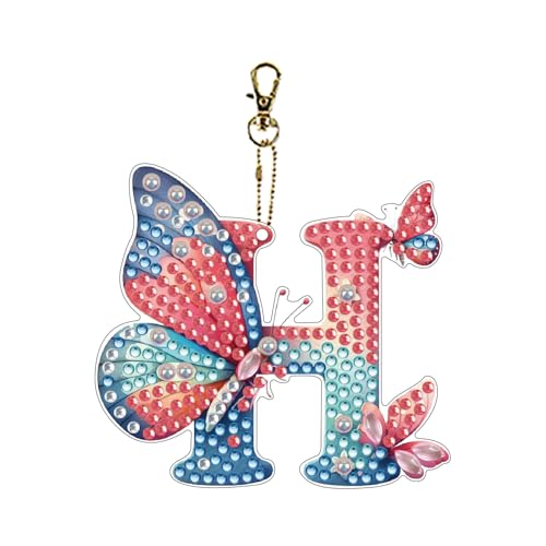 ダイヤモンドアートペインティング バタフライレターキーホルダーキット、DIY吊り下げペンダント 吊り下げバッグキー(両面ドリル加工)-H