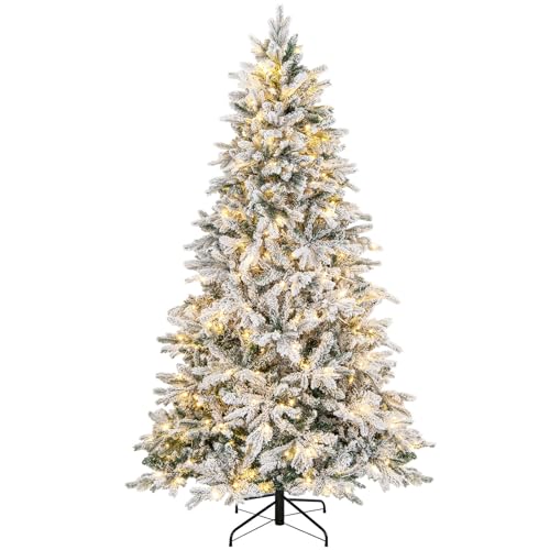 COSTWAY Árbol de Navidad Nevado con Luces 210cm, Arbol de Navidad con Luces Incorporadas, 300 Luces LED Cálidas, 1687 Puntas de PVC y PE, Arvore de Natal Hogar Oficina Fiesta (210cm)