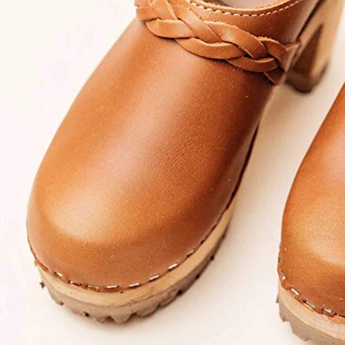 PiePieBuy Womens Clog Heeled Sandals Wooden Ankle Strap Buckle Mules Closed Toe Slingback Walking Shoes Brown - Thumbnail 5