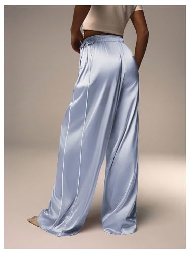 MakeMeChic Women's Satin Silk Wide Leg Pants Elastic High Waist Knot Side Trousers3