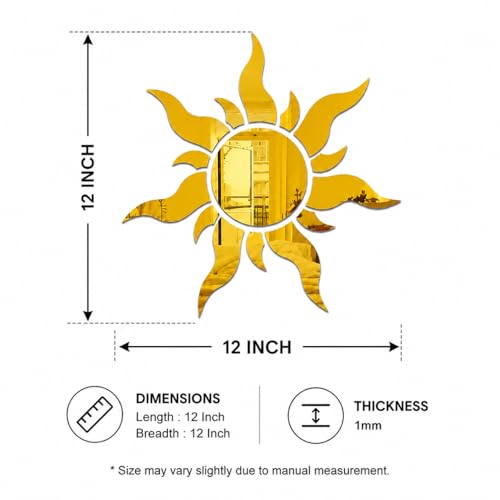 Image of Golden Sun Mirror Wall Stickers | 3D Acrylic Sunburst Mirror Sticker for Wall Decoration | Self Adhesive DIY Mirror Decals for Living Room Bedroom Hall Kitchen (Pack of 1)