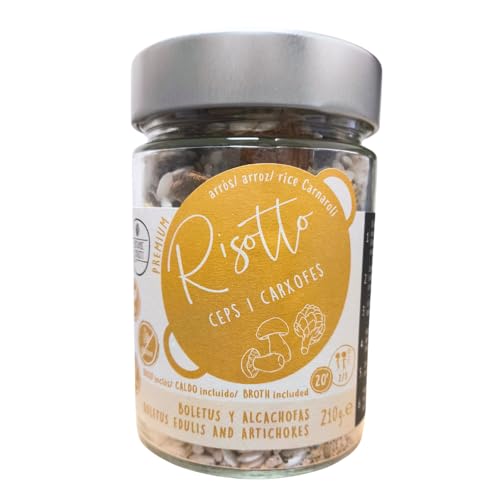 Risotto de Boletus con Alcachofas - Arroz Carnaroli Premium 210 Gr - Bote de Cristal con Instrucciones - Vegano, Sin Gluten y Lactosa, Para 2/3 Comensales