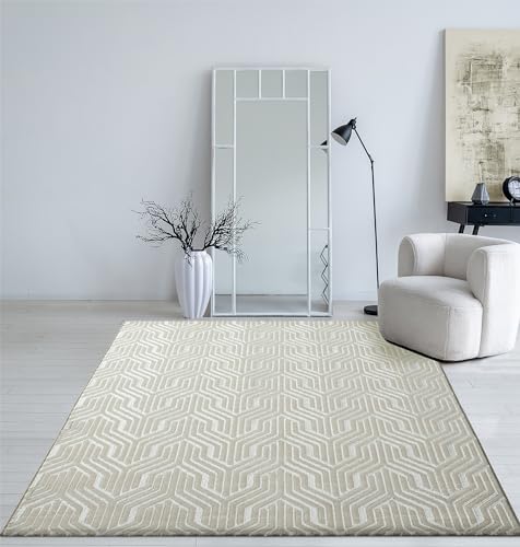 Mia's Teppiche Cielo - Alfombra Moderna de Pelo Corto densa, para salón, Dormitorio, Elegante Brillo, Fibra Brillante, Efecto Alto-bajo, Plumas, Crema, 80 x 150 cm