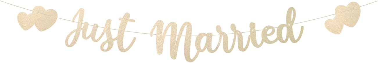 Just Married Banner, Vorgespanntes Hochzeitsbanner mit Glitzerbuchstaben und Herzen Dekorative Girlande für Hochzeit Brautparty Junggesellenabschied Dekoration (Champagnergold)