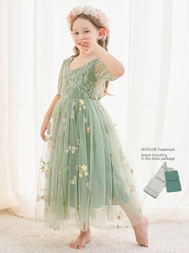 VEYOLOB Flower Girl Dress A-Line Floral Embroidered Tulle Lace Dresses for Wedding Garden Birthday Party2