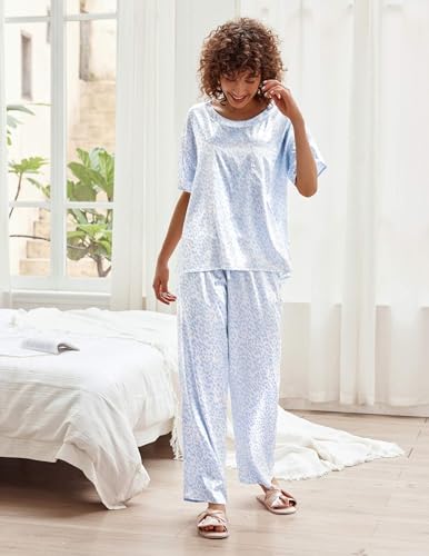 Image of Ekouaer Womens Satin Silky Pajama Set Short Sleeve Shirt with Long Pajama Pant Set Soft PJ Loungewear