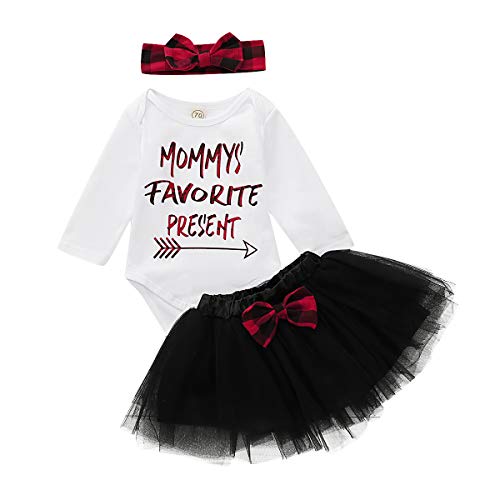 Infant Baby Girl Outfits Letter Print My 1st Christmas Romper + Red Plaid Headband+Bowknot Tutu Christmas 3pc Dress Set (A White, 100?18-24 Months?)