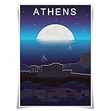 Tamaño: 297 mm x 420 mm (A3) Póster de 100 ciudades con vistas nocturnas famosas de viajes por la ciudad, póster de viaje global para lugares turísticos, decoración del hogar (Grecia Atenas)