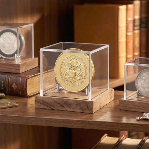 Image of Hooqict Coin Display Case Clear Acrylic Military Challenge Coin Case Display Box UV Protected with Wood Base & Alloy Holder Single Stand for Collectors Medal Poker Chip Collectibles