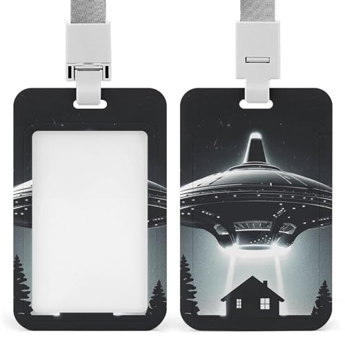 スライド式IDバッジホルダー ストラップ付き IDカードホルダー エイリアン 宇宙船 UFO バッジホルダー カードプロテクター クリアIDウィンドウ付き ネームタグホルダー 仕事 オフィス 医師 看護師用