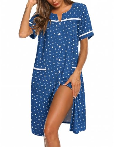 Image of Ekouaer Nightgowns for Women House Dress with Pockets Button Down Sleepshirt Short Sleeve Nightshirt Housecoat