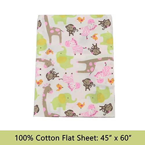 Image of 100 Cotton 3 Piece Toddler Sheet Set, Soft Breathable Crib Bedding Set for Girls Includes a Flat Sheet, a Fitted Sheet, a Pillowcase, Jungle Zoo Animal Friends Giraffe Monkey Elephant Zebra Bird Pink