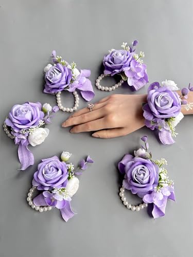 6pcs/Lot Artificial Rose Flowers Groom Boutonniere Bride Wrist Corsage Bridesmaid Sister Women Hand Flower Wedding Flowers Party Decoration (Light Purple Wrist Corsage)