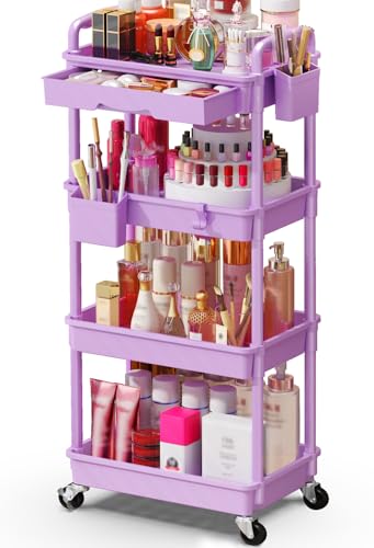 Image of SUNALLY Makeup Cart Organizer with Drawer,4 Tier Rolling Makeup Cart,Purple