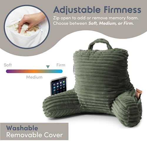 Image of Nestl Reading Pillow for Kids & Teens with Shredded Memory Foam, Luxe Cut Plush Backrest Pillows for Reading and Gaming, for use on Couch or Bed, Adjustable Support with Washable Cover Olive Green