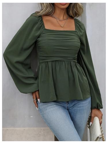 Floerns Women's Bishop Long Sleeve Ruched Square Neck Ruffle Hem Peplum Blouse Top3