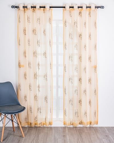 Image of (7 ft Tissue Embroidered Curtain | Leaf Design Eyelet Window Curtain | Vintage Classical Floral Print | for Home | Beige & Grey (Pack of 2) | 213 L x 121 W Centimeters