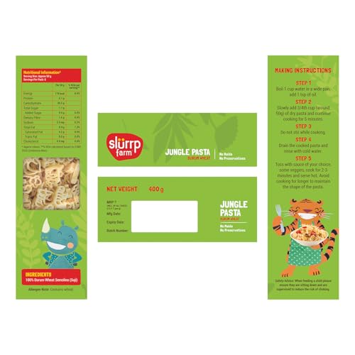 Image of Slurrp Farm No Maida Jungle Pasta | Made with 100% Durum Wheat /Semolina /Suji | 100% vegetarian & Cooks in 8 minutes | Made in fun animal shapes like monkey, giraffe, elephant, tiger and rhino