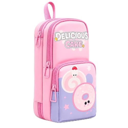 Image of Alokik Cute Pink 3 Compartment Pencil Pouch for Girls, Large Capacity Stationery Organizer with Zipper, Multi Pocket Pouch for Kids, Students & Office UseCute Food Theme Design (Delicious Cake Pouch)