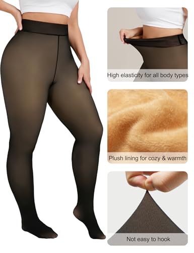 Tournesol Plus Size Women's Fleece Lined Tights Fake Translucent Thermal Pantyhose Sheer Thick Warm Leggings for Winter 0X-4X3