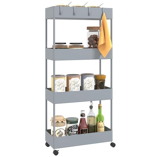 HOMCOM Carro de Cocina de Almacenamiento de 4 Niveles Carrito Auxiliar con Ruedas 4 Cestas y 4 Ganchos Extraíbles Carrito de Cocina para Comedor Baño Salón 40x19x90 cm Gris