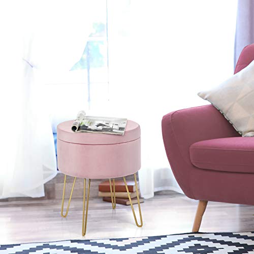 Giantex Velvet Footrest Stool Round With Storage Function, Gold Metal Legs And Removable Seat, Modern Dressing Vanity Chair For Home, Living Room, Bedroom Storage Ottoman, 15” X 12” X 18”, Pink #TOP7