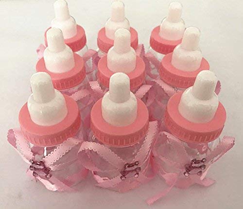 LYW 24pcs Mini Plastic Milk Bottle Fillable for Boy Girl Newborn Infant Baptism Christening Birthday Party Decoration (Pink)