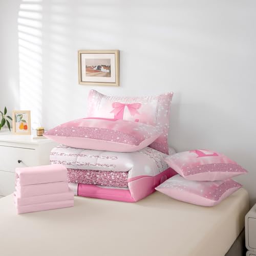 Image of Feelyou Kids Pink Bowknot Comforter Set with Sheets Twin Size, Personalized Initial L Bed in A Bag Princess Glitter 7 Pieces Bedding Set Boys Girls Bow Alphabet Teens Bed Set Bedroom Decor 7Pcs