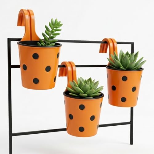 Image of Premium Hook Planter with Inner Pot | Polka Dot Hanging Planter for Balcony & Railings | Sturdy Plastic | Built-in Drainage | Vibrant Colours | Indoor & Outdoor Gardening (3, Orange)