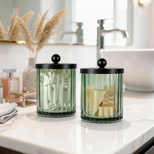 Amolliar-Green-Glass-Apothecary-Jar-Qtip-Holder-for-BathroomBlack-2-Pack-Canister-for-Cotton-Balls-Makeup-Pads-Floss-Picks-Bathroom-Essential-Accessory-Countertop-Q-Tip-Holder-Storage-Organizer