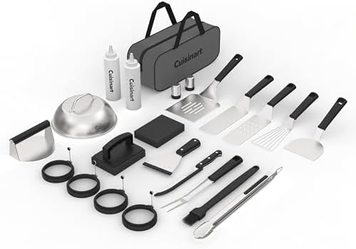 Cuisinart 24-Piece Griddle Tool Set with Storage Tote, Stainless Steel Flat Top Grill Accessories with Spatulas, Melting Dome, Smash Burger Press, Scraper & Tongs, Perfect for BBQ, Tailgates, Camping