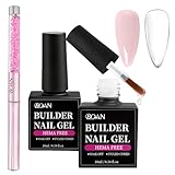 BQAN HEMA-Free Builder Gel, 7-in-1 Self-Leveling Nail Extension Gel with Base/Apex/Strengthener, Low Odor UV/LED Lamp Cured, 2Pcs Professional Nail Building System for Salon & Home (Clear & Nude Pink)