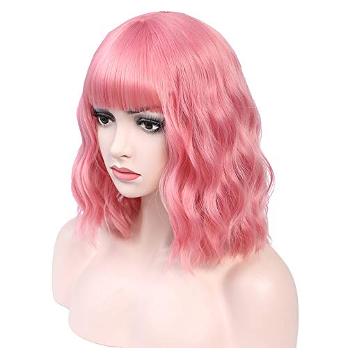Venanoci Pastel Wavy Wig With Air Bangs Women's Short Bob Pink Wig Curly Wavy Shoulder Length Pastel Bob Synthetic Cosplay Wig for Girl Colorful Costume Wigs(Pink)